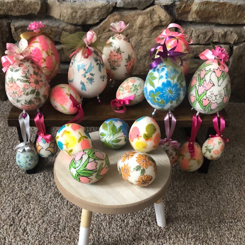 Lot of 18 Vintage Styrofoam Decorated Easter Eggs of different sizes